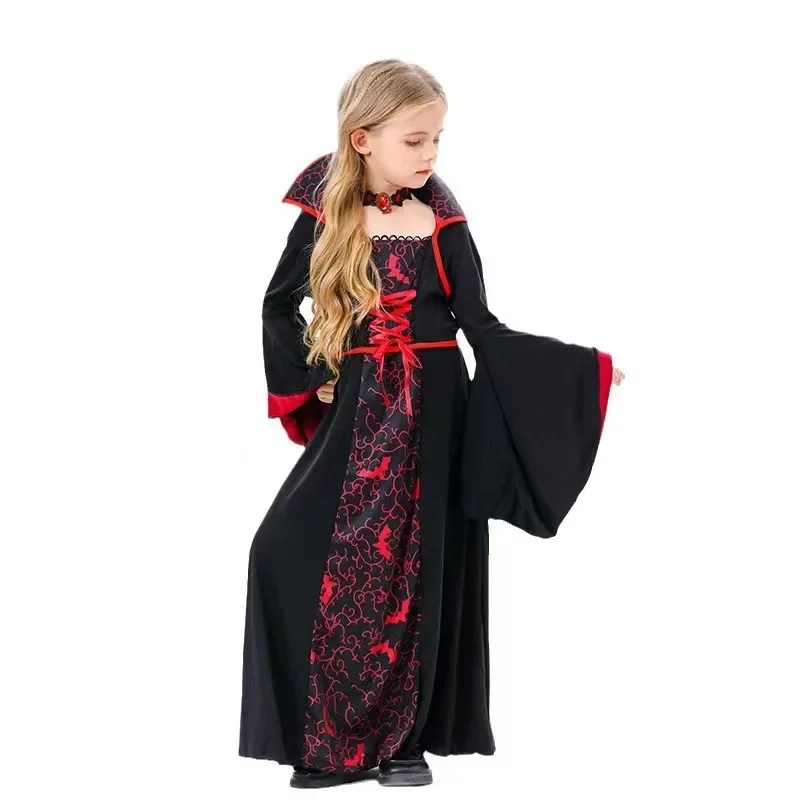 Girls Vampire Queen Halloween Costume Kids Gothic Black‑Red Long Stand‑Collar Gown Holiday Party Fancy Dress Cosplay Outfit