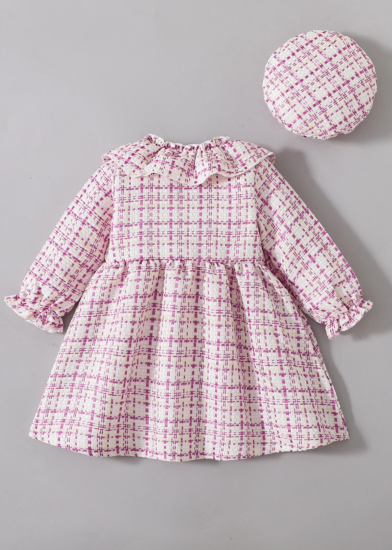 Girls Plaid Dress Set Spring Autumn Lace Collar Butterfly Knot Princess Skirt with Plaid Beret Hat Baby Girls Outfit