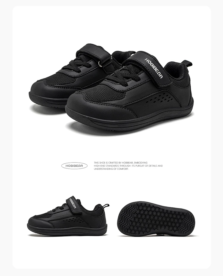HOBIBEAR Kids Toddler Wide Toe Shoes Barefoot Hook Loop Sneakers Zero Drop Artificial Leather Mesh Non-Slip Shoes