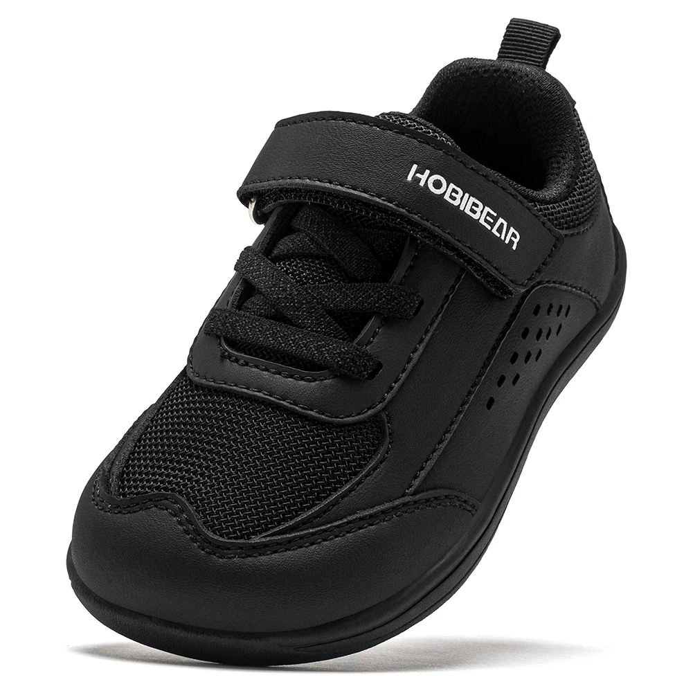 HOBIBEAR Kids Toddler Wide Toe Shoes Barefoot Hook Loop Sneakers Zero Drop Artificial Leather Mesh Non-Slip Shoes