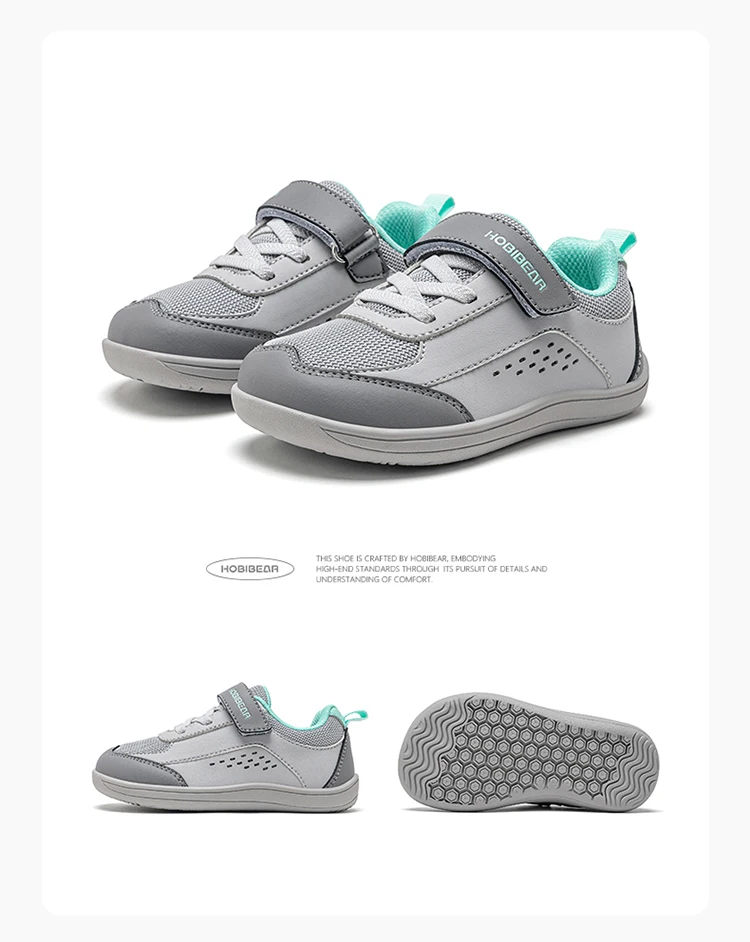 HOBIBEAR Kids Toddler Wide Toe Shoes Barefoot Hook Loop Sneakers Zero Drop Artificial Leather Mesh Non-Slip Shoes