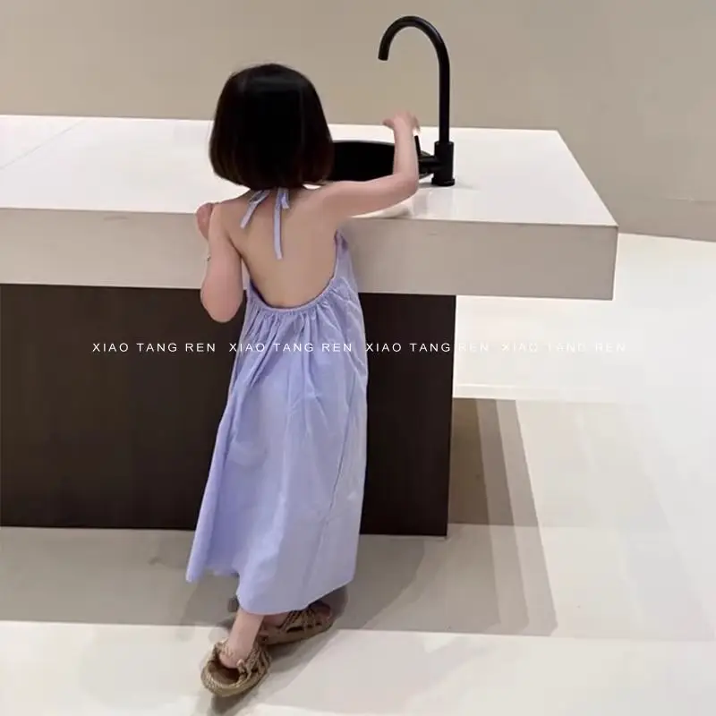 Children Girls Vacation Sling Dress RAISE Summer 2-8Y Kids Girl Sleeveless Dress Purple Halter Backless Infant Girls Beach Dress