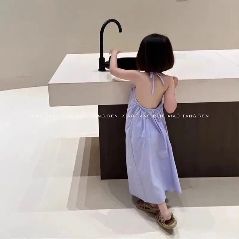 Children Girls Vacation Sling Dress RAISE Summer 2-8Y Kids Girl Sleeveless Dress Purple Halter Backless Infant Girls Beach Dress