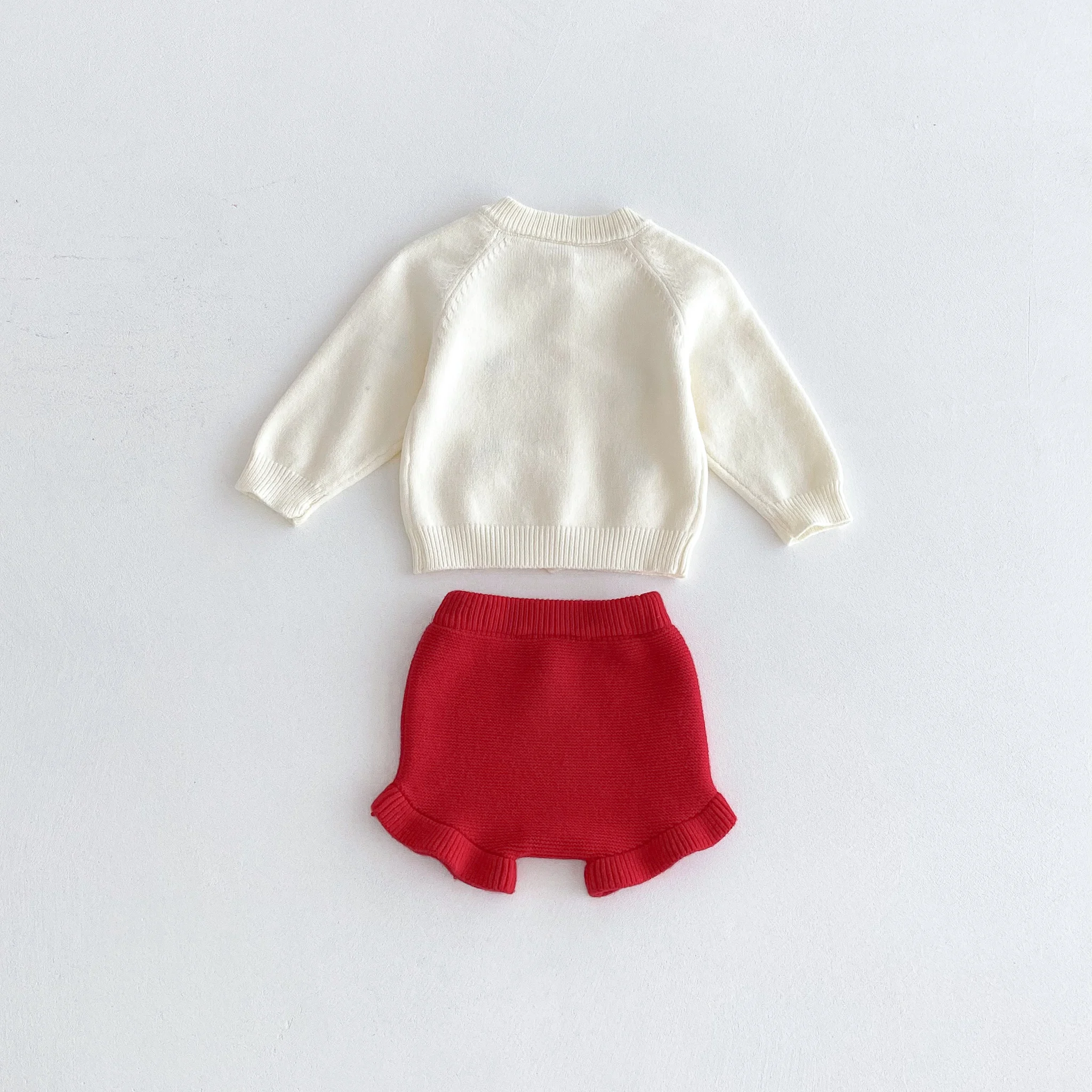 For Autumn and Winter, a Cute Strawberry-Embroidered Cardigan and Shorts Knitted Sweater Set For a baby Girl to Go out