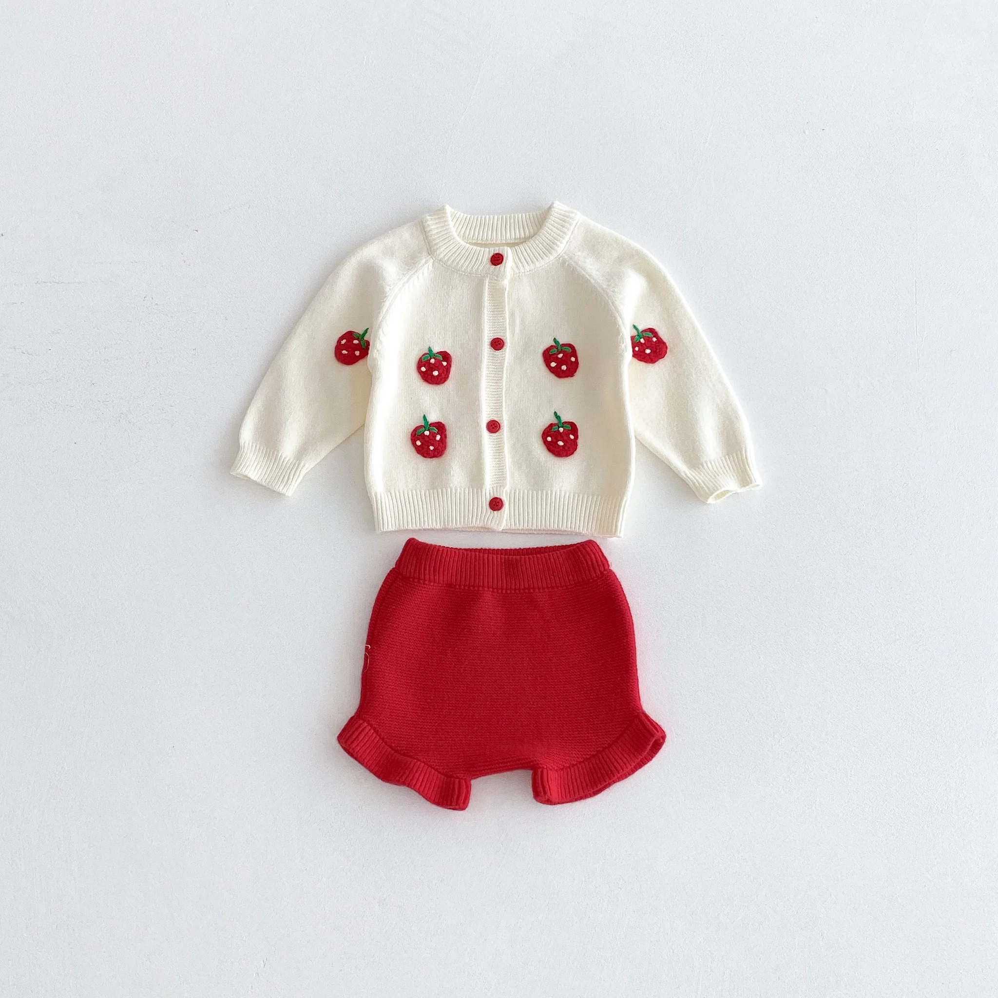 For Autumn and Winter, a Cute Strawberry-Embroidered Cardigan and Shorts Knitted Sweater Set For a baby Girl to Go out