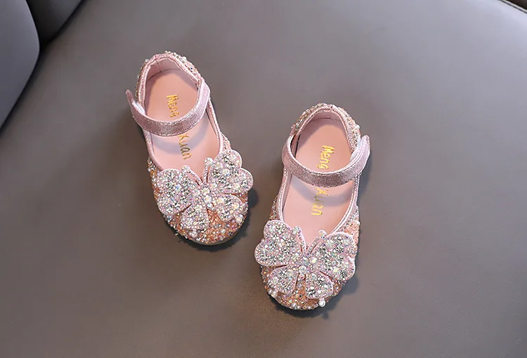 2025 Spring Summer New Korean Style Girls Princess Square Toe Rhinestone Bow Leather Shoes For Dance Performance