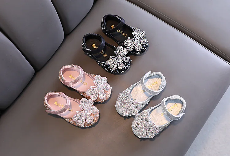2025 Spring Summer New Korean Style Girls Princess Square Toe Rhinestone Bow Leather Shoes For Dance Performance