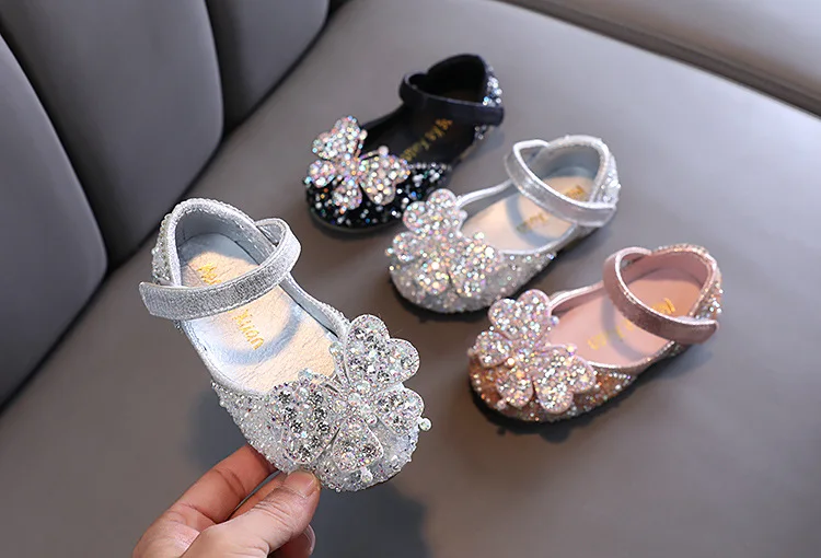 2025 Spring Summer New Korean Style Girls Princess Square Toe Rhinestone Bow Leather Shoes For Dance Performance