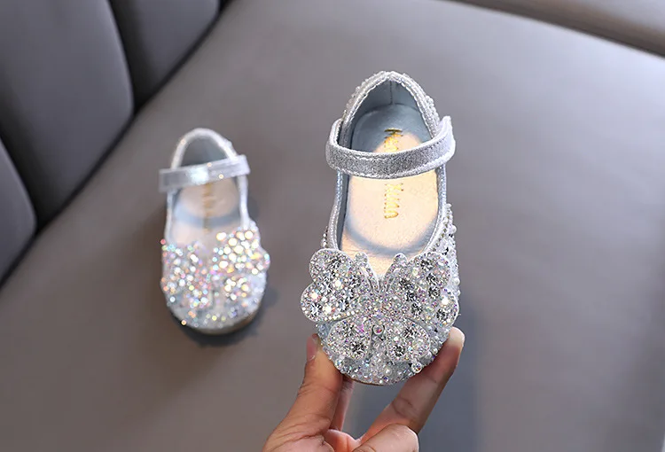 2025 Spring Summer New Korean Style Girls Princess Square Toe Rhinestone Bow Leather Shoes For Dance Performance