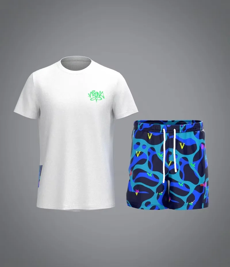 2026 Men Sports Tracksuit Gradient Geometric Letter Print Short Sleeve T-shirt Drawstring Shorts Two Piece Training Outfit Kids