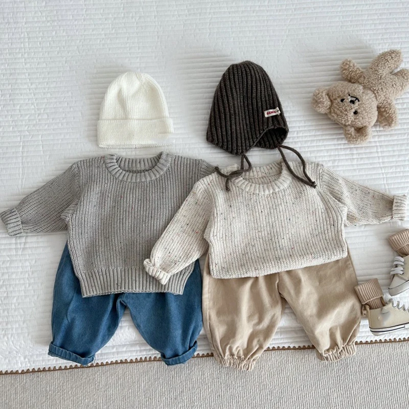 New Autumn Girls Sweater Kids Sweaters Chunky Knit Brief Spring Winter Sweaters Long Sleeve Boys Pullover Warm Knit Baby Clothes