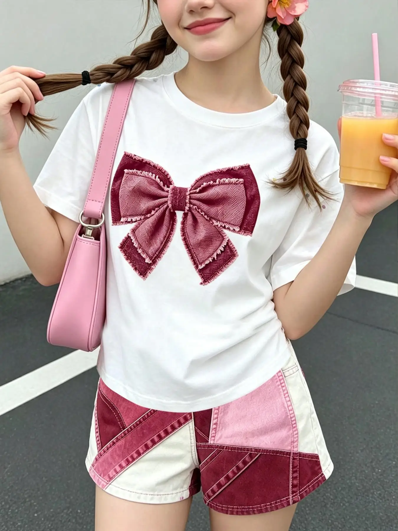 Girls' Summer Casual Outfit, Children's Bow Print Set, Loose Short-Sleeve Top + Printed Shorts Two-Piece Set, Suitable for Kids over 3 Years Old, Versatile Clothing