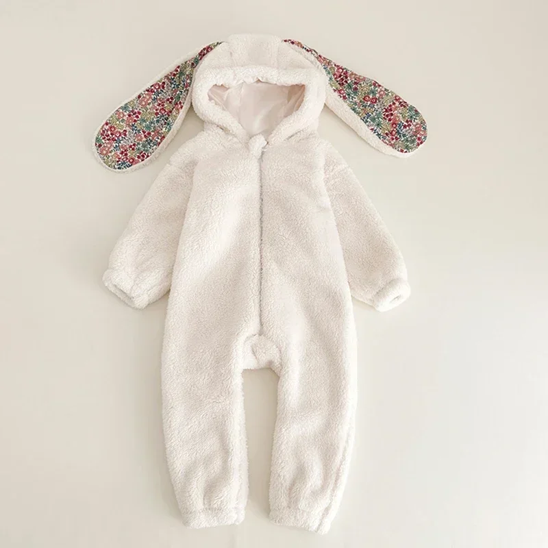 Warm Fleece Baby Rabbit Romper for Autumn Spring Newborn Hooded Pajamas Jumpsuits Toddler Plush Homewear Clothes
