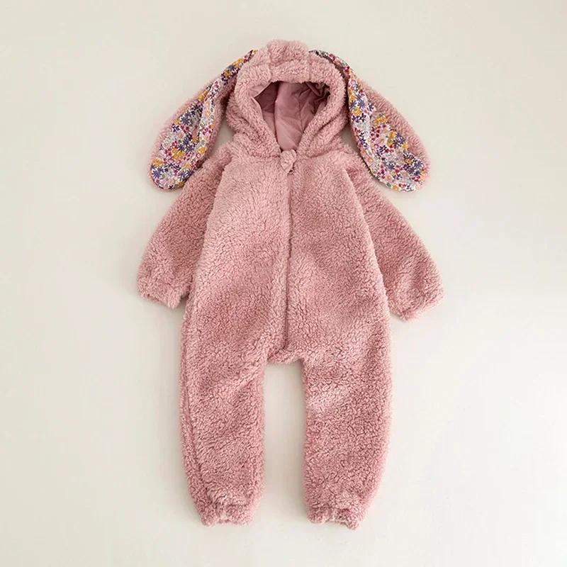 Warm Fleece Baby Rabbit Romper for Autumn Spring Newborn Hooded Pajamas Jumpsuits Toddler Plush Homewear Clothes