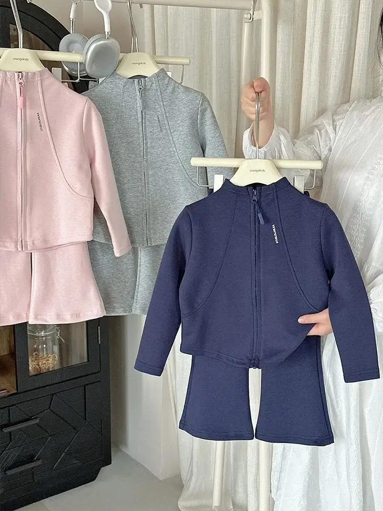 2026 New Fashion Baby Girls 2PCS/Set Sports Clothes Solid Color Zipper Jacket Tops Flared Pants Suit For Spring Autumn Kids