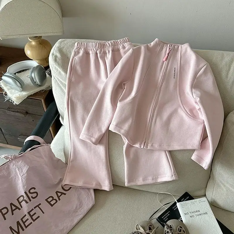 2026 New Fashion Baby Girls 2PCS/Set Sports Clothes Solid Color Zipper Jacket Tops Flared Pants Suit For Spring Autumn Kids