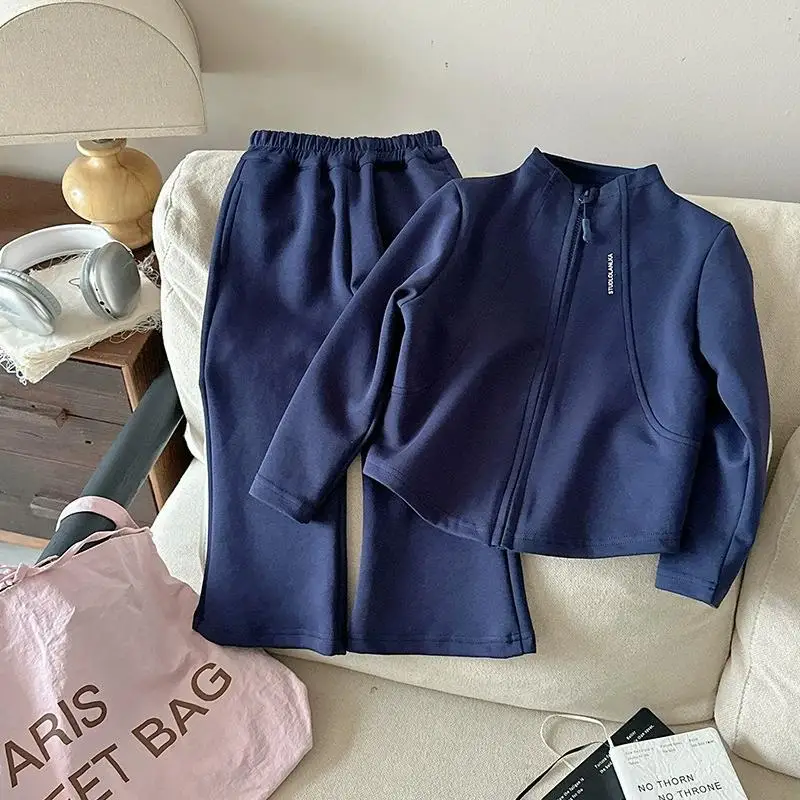 2026 New Fashion Baby Girls 2PCS/Set Sports Clothes Solid Color Zipper Jacket Tops Flared Pants Suit For Spring Autumn Kids