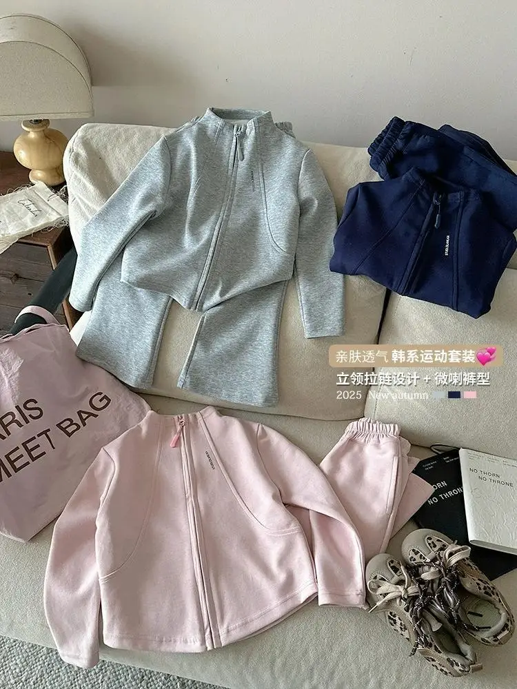 2026 New Fashion Baby Girls 2PCS/Set Sports Clothes Solid Color Zipper Jacket Tops Flared Pants Suit For Spring Autumn Kids