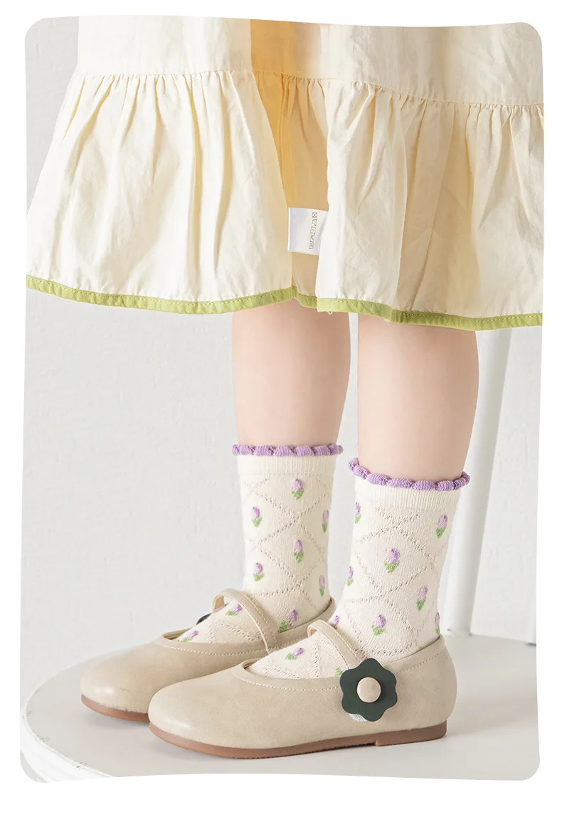 Girls Cotton Socks Spring Ruffle Socks Floral Purple Bowknot Socks 5 Pairs Mid Calf Socks 1-12Y Children's Cotton Socks