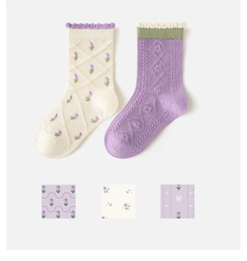Girls Cotton Socks Spring Ruffle Socks Floral Purple Bowknot Socks 5 Pairs Mid Calf Socks 1-12Y Children's Cotton Socks