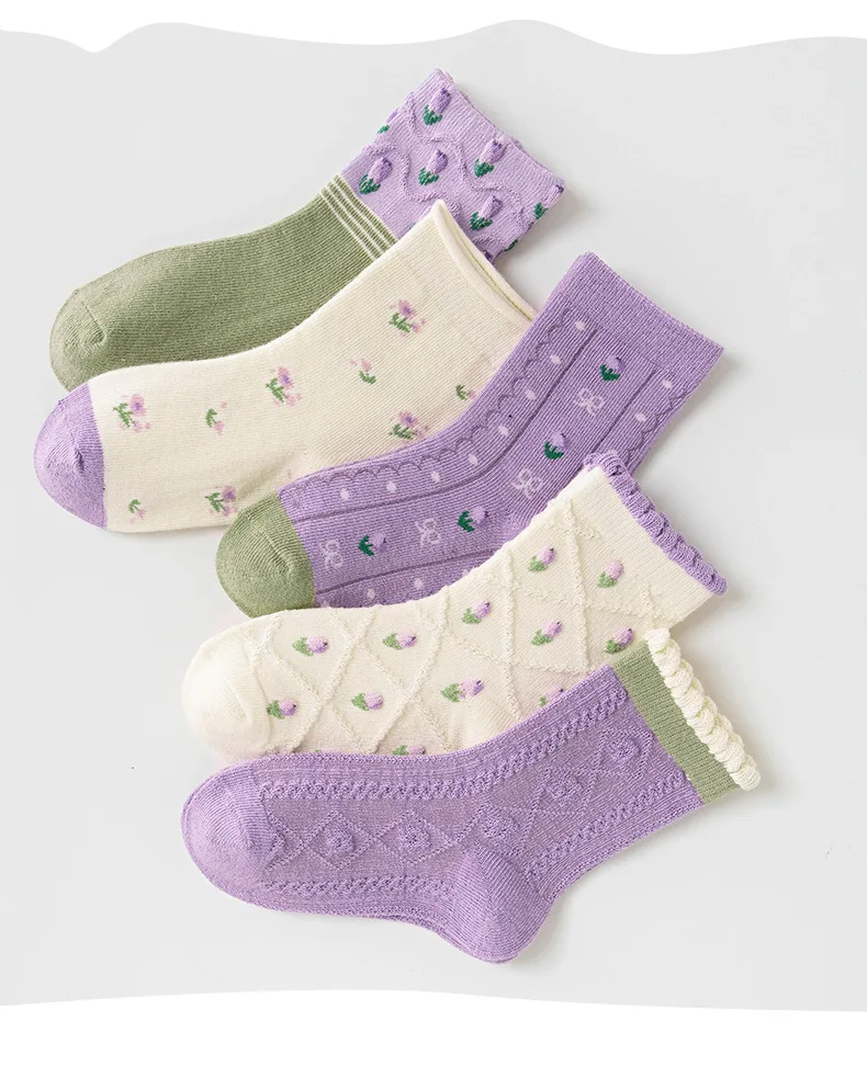 Girls Cotton Socks Spring Ruffle Socks Floral Purple Bowknot Socks 5 Pairs Mid Calf Socks 1-12Y Children's Cotton Socks