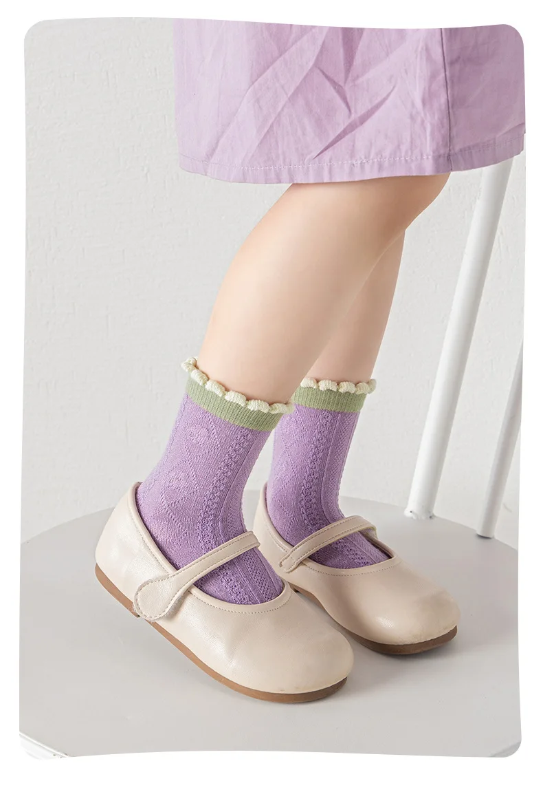 Girls Cotton Socks Spring Ruffle Socks Floral Purple Bowknot Socks 5 Pairs Mid Calf Socks 1-12Y Children's Cotton Socks