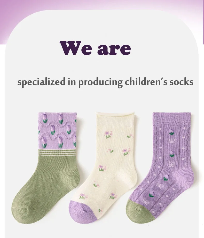 Girls Cotton Socks Spring Ruffle Socks Floral Purple Bowknot Socks 5 Pairs Mid Calf Socks 1-12Y Children's Cotton Socks