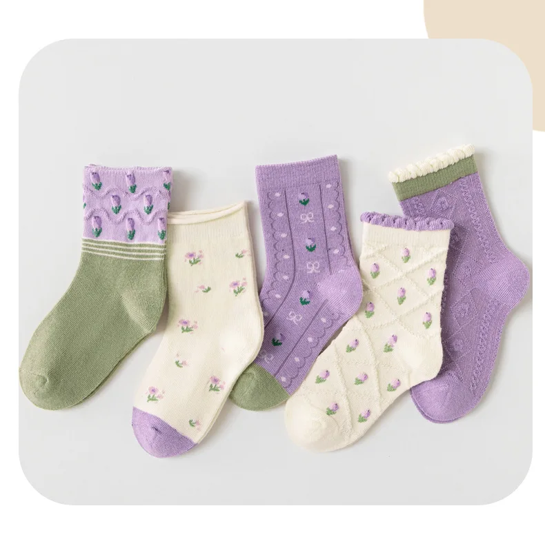 Girls Cotton Socks Spring Ruffle Socks Floral Purple Bowknot Socks 5 Pairs Mid Calf Socks 1-12Y Children's Cotton Socks