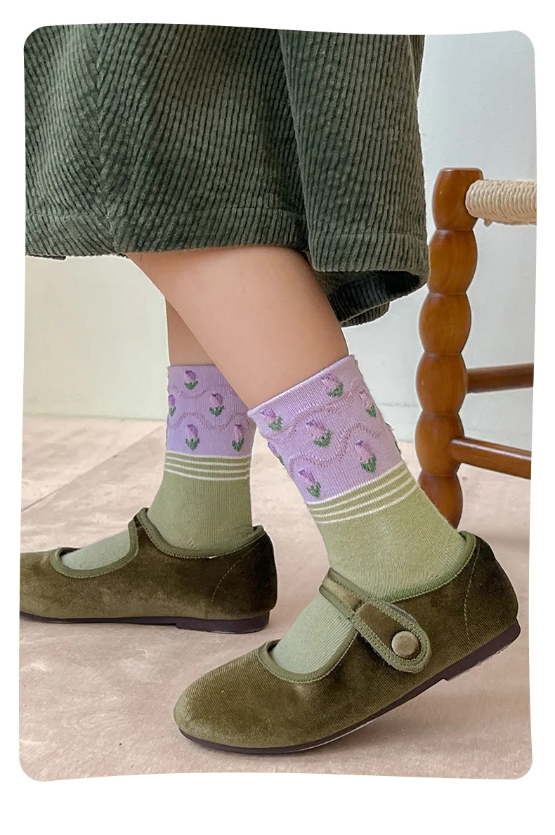 Girls Cotton Socks Spring Ruffle Socks Floral Purple Bowknot Socks 5 Pairs Mid Calf Socks 1-12Y Children's Cotton Socks