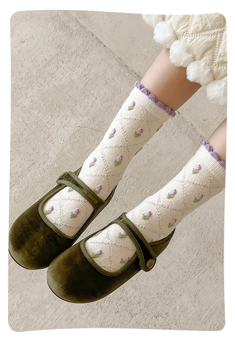 Girls Cotton Socks Spring Ruffle Socks Floral Purple Bowknot Socks 5 Pairs Mid Calf Socks 1-12Y Children's Cotton Socks