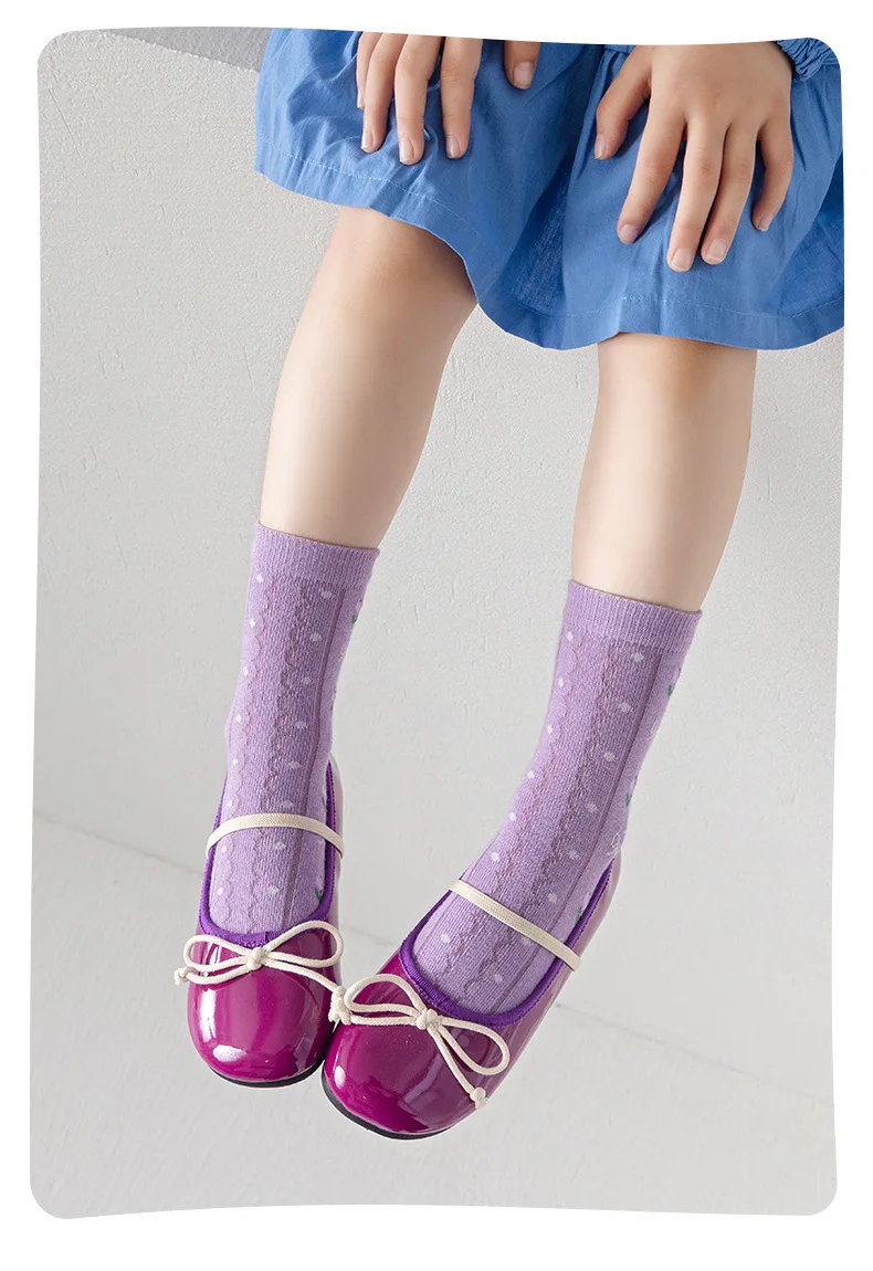 Girls Cotton Socks Spring Ruffle Socks Floral Purple Bowknot Socks 5 Pairs Mid Calf Socks 1-12Y Children's Cotton Socks