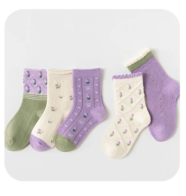 Girls Cotton Socks Spring Ruffle Socks Floral Purple Bowknot Socks 5 Pairs Mid Calf Socks 1-12Y Children's Cotton Socks