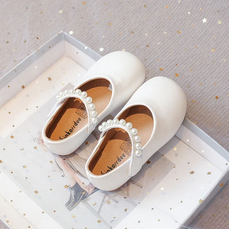 Autumn Girl's Princess Shoes Pearl Shallow Hook-loop Sweet Kid's Flat Shoe Solid Colors Anti-slip Fashion Sweet Children Shoe
