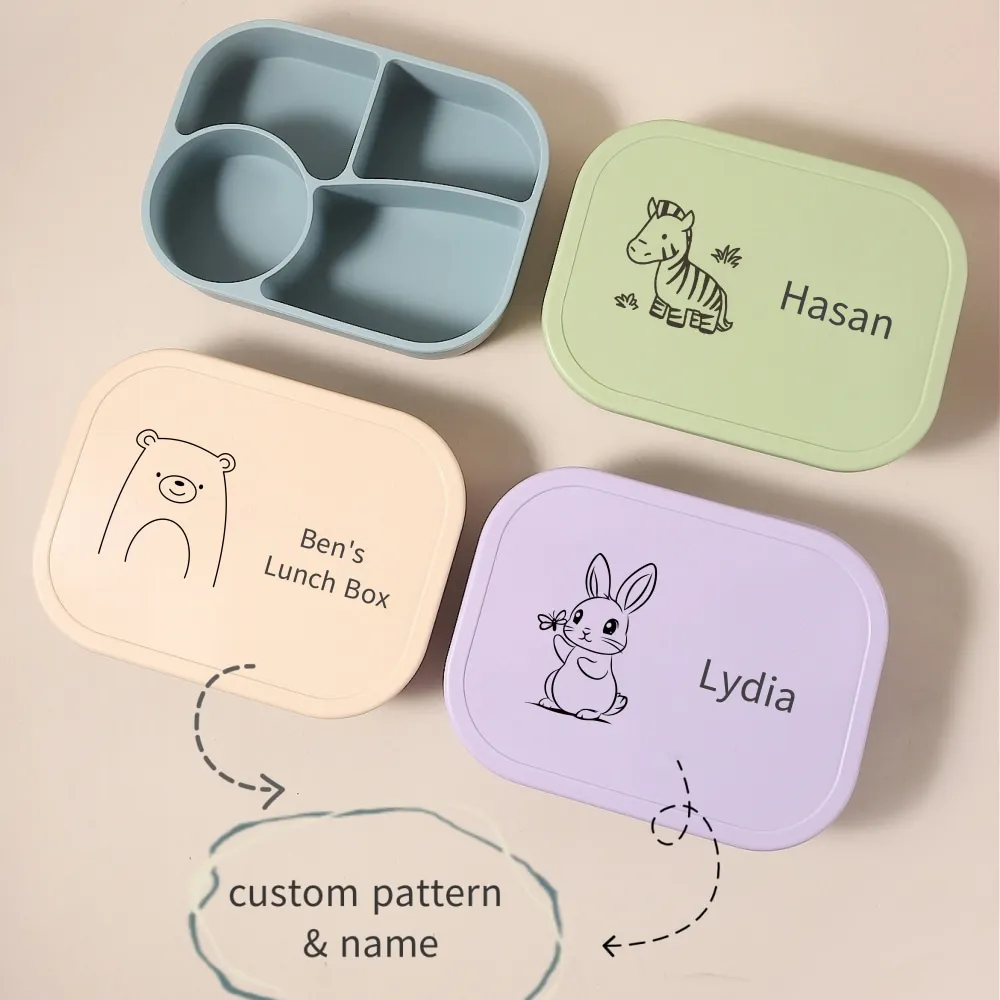 1340ml 1pc Custom Name & Pattern Silicone Kids Lunch Box, 4-Compartment Bento, BPA Free, Leakproof