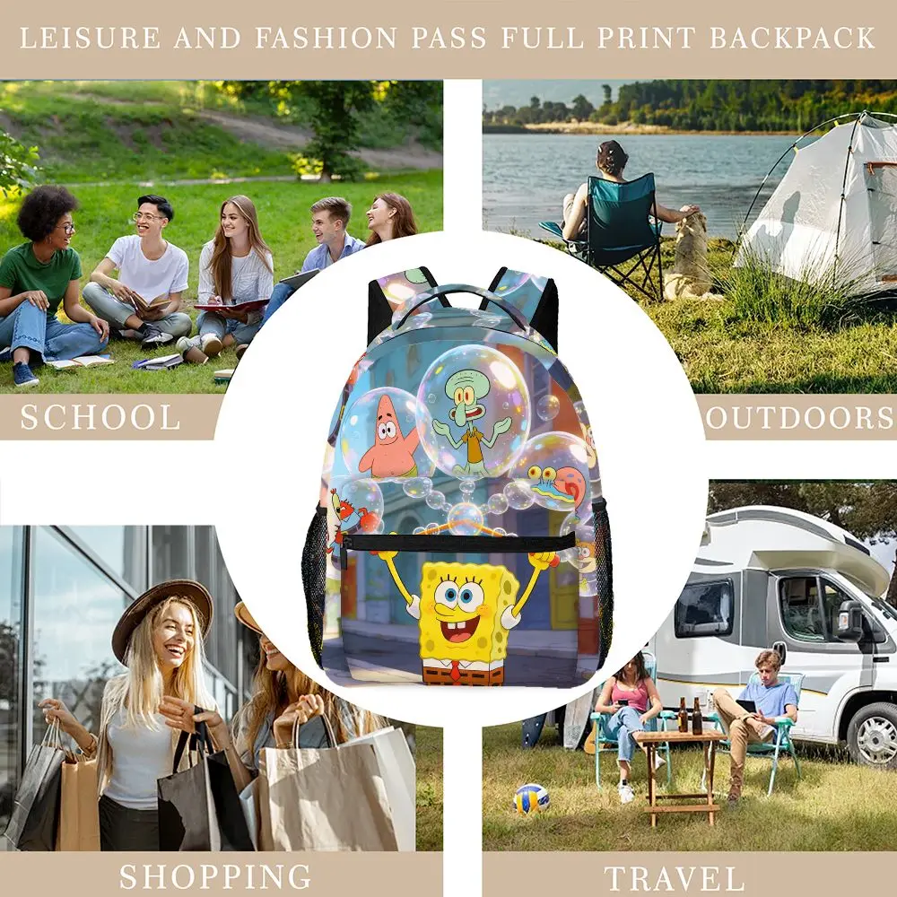 SpongeBob SquarePants Backpack, Cartoon Print School Bookbag, Lightweight Travel Backpack with Mesh Pockets