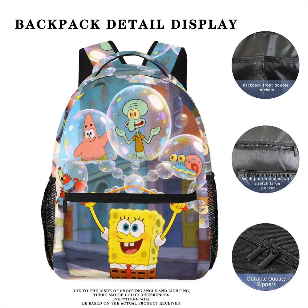 SpongeBob SquarePants Backpack, Cartoon Print School Bookbag, Lightweight Travel Backpack with Mesh Pockets