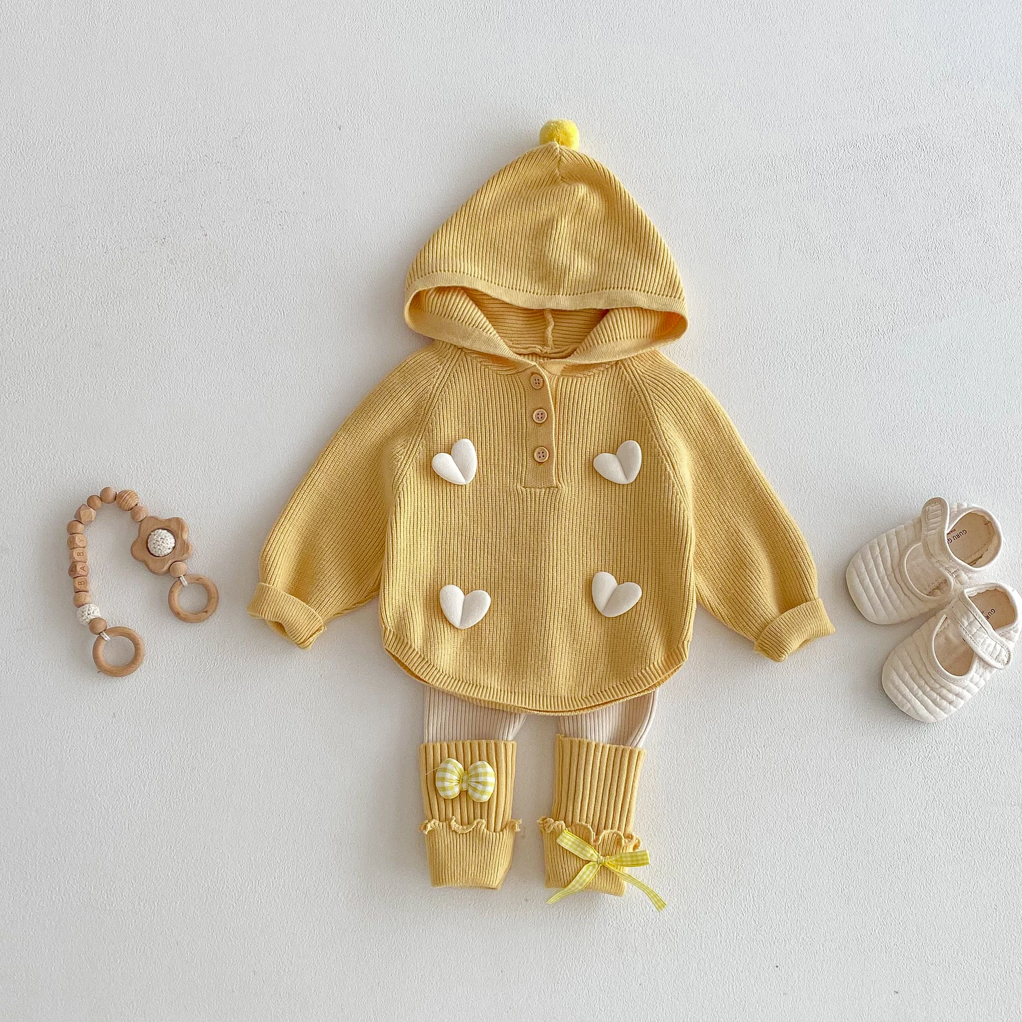 Autumn and Winter Girl Sweater Set, Cute Heart-Shaped Hooded Cape Top + Knitted Leggings, Sweet Outdoor Knitted Set