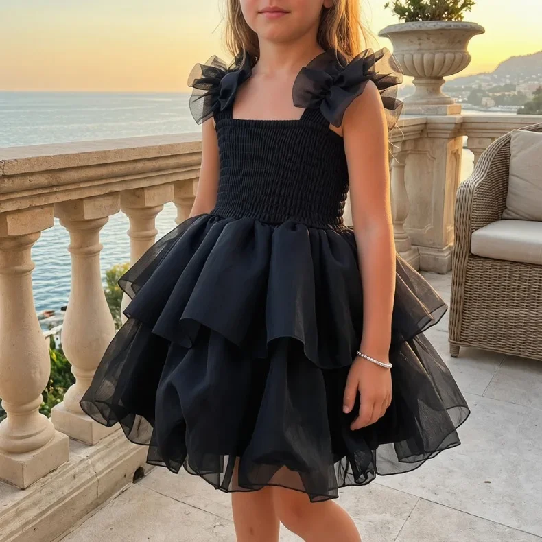 2026summer Fashion Baby Girl Princess Tutu Dress Bowknot Sleeve Child Tulle Vestido Pageant Party Birthday Baby Clothes 0-10Ynew