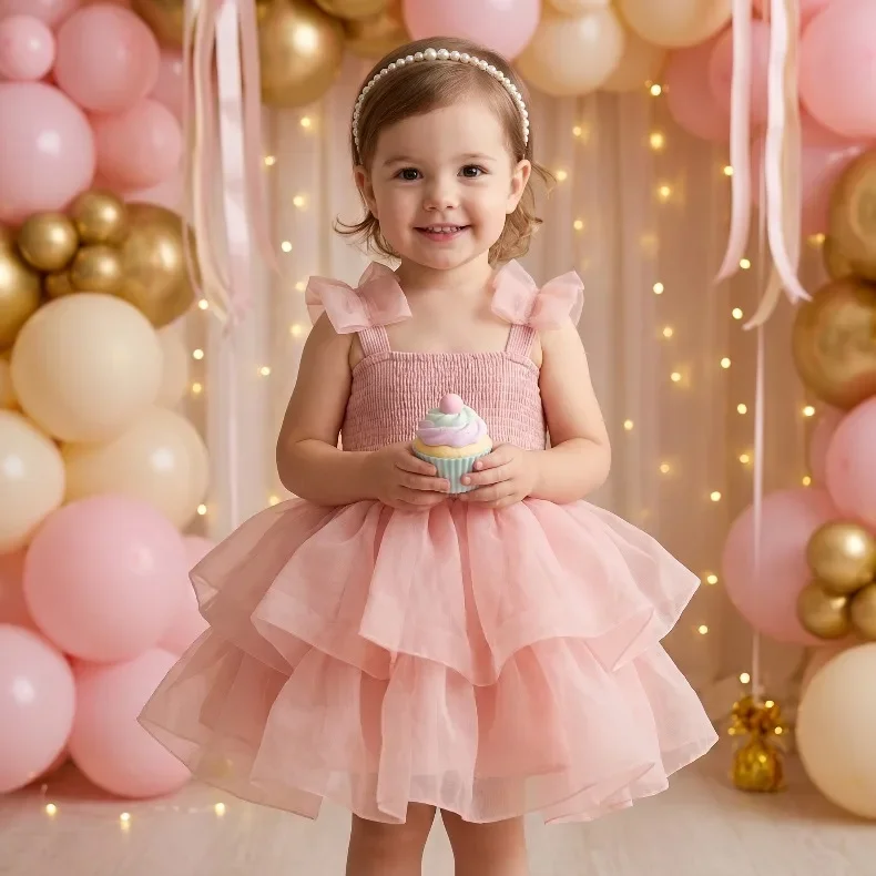 2026summer Fashion Baby Girl Princess Tutu Dress Bowknot Sleeve Child Tulle Vestido Pageant Party Birthday Baby Clothes 0-10Ynew