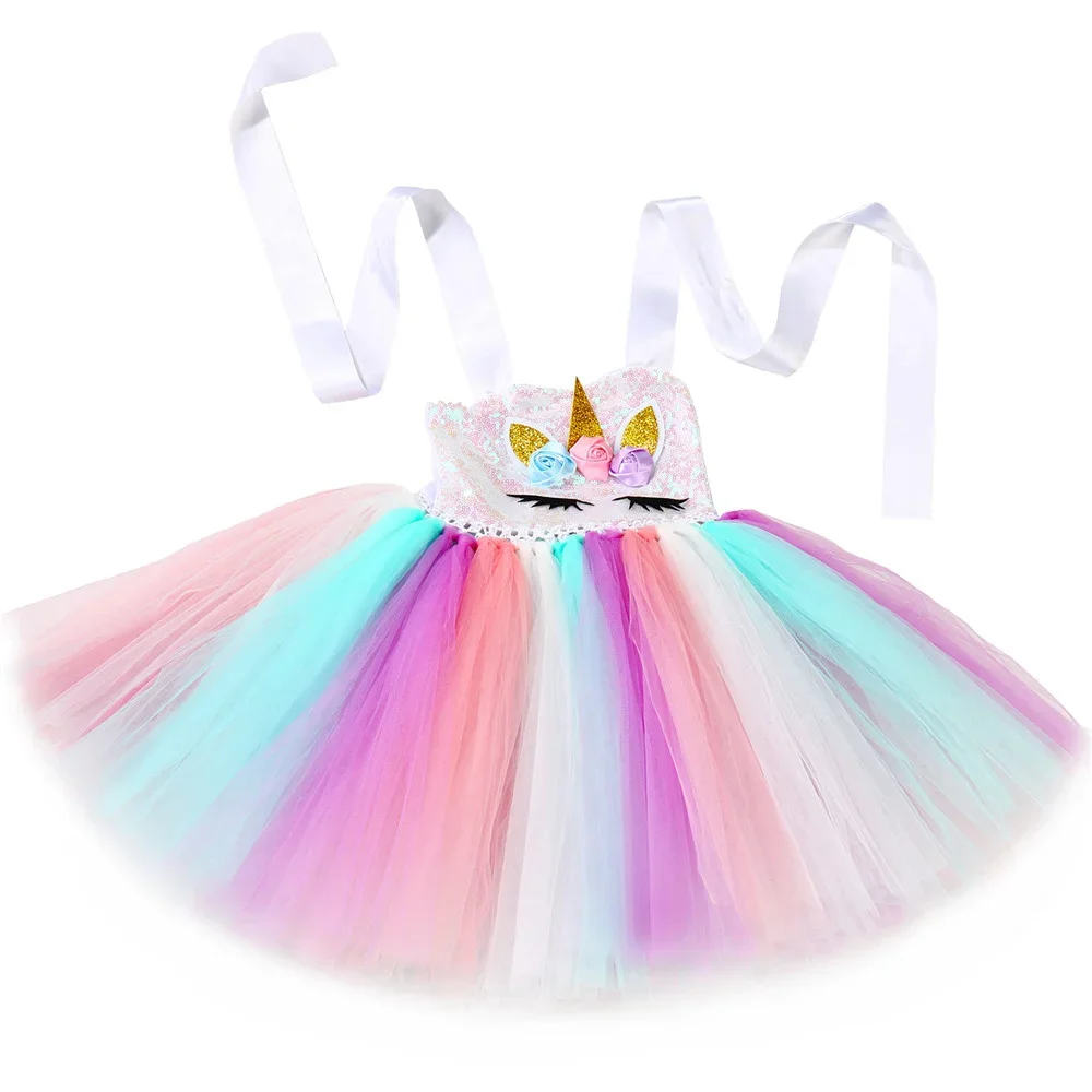 Sequins Girls Unicorn Tutu Dress Costume Flower Girls Tulle Princess Dress Toddler Kids Halloween Birthday Party Dress Up Outfit