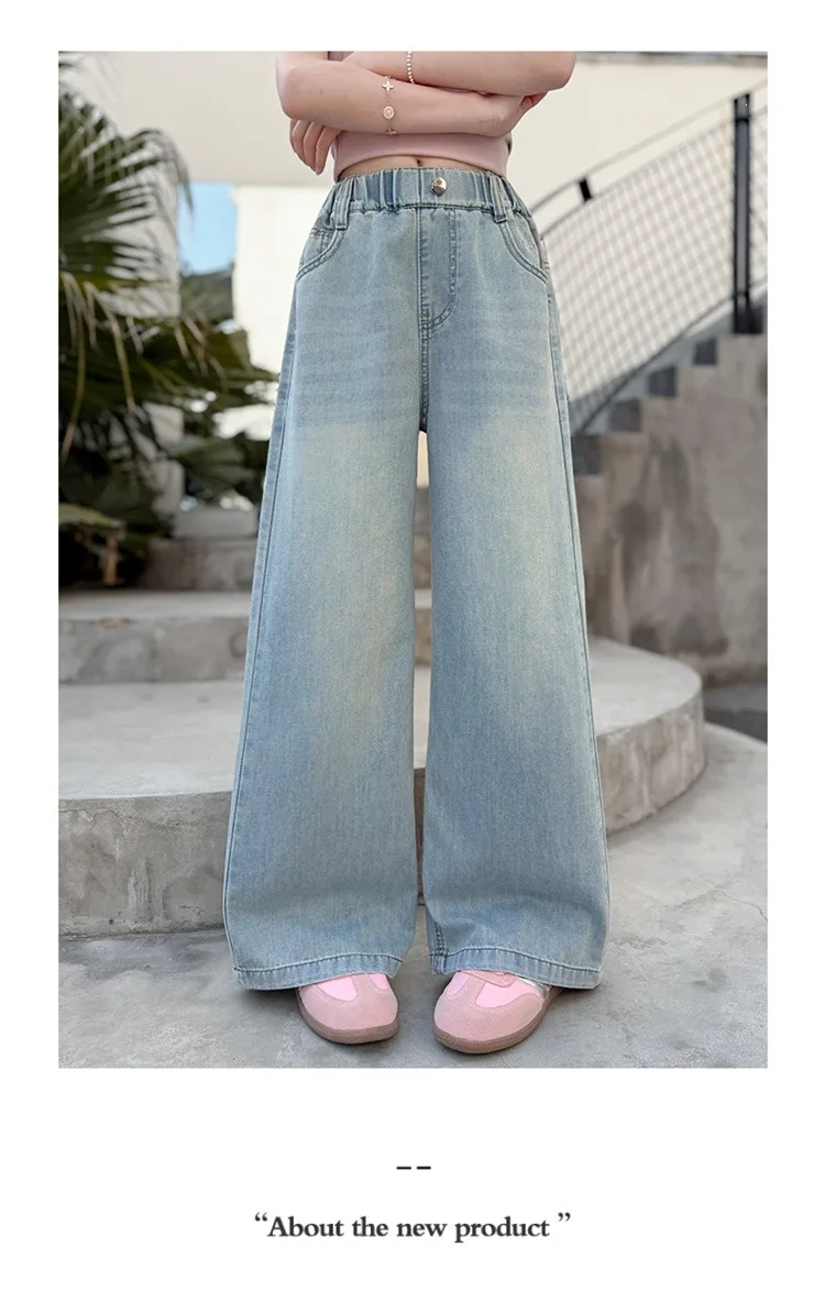 Summer Kids Girls Denim Pants UNITIM 4-14Yrs Children Girls Wide Leg Pants Loose Love Pockets Junior Girls Straight Pants