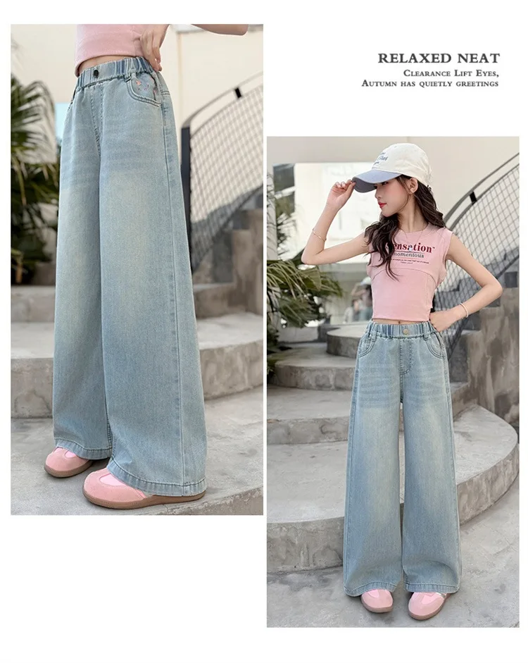 Summer Kids Girls Denim Pants UNITIM 4-14Yrs Children Girls Wide Leg Pants Loose Love Pockets Junior Girls Straight Pants