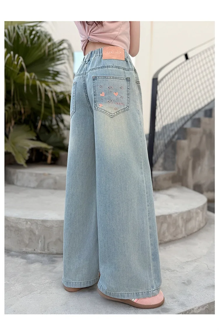 Summer Kids Girls Denim Pants UNITIM 4-14Yrs Children Girls Wide Leg Pants Loose Love Pockets Junior Girls Straight Pants