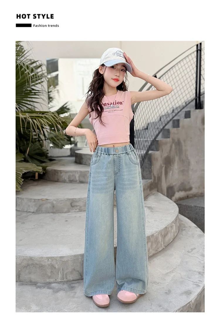 Summer Kids Girls Denim Pants UNITIM 4-14Yrs Children Girls Wide Leg Pants Loose Love Pockets Junior Girls Straight Pants