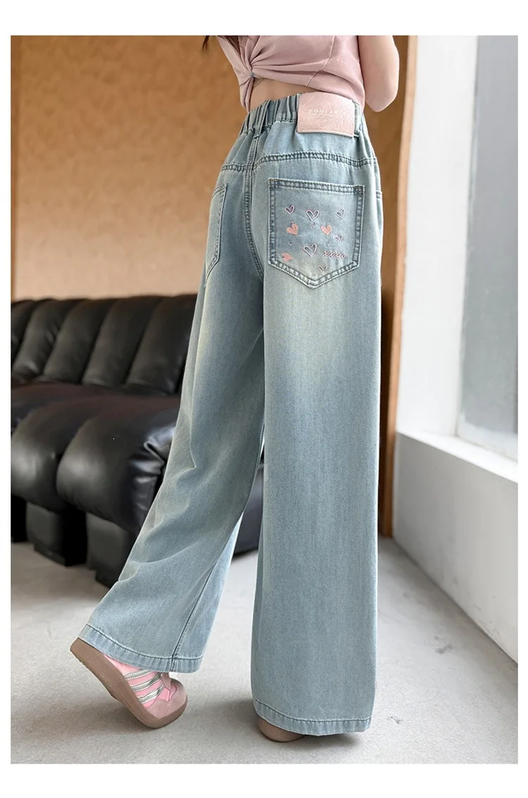 Summer Kids Girls Denim Pants UNITIM 4-14Yrs Children Girls Wide Leg Pants Loose Love Pockets Junior Girls Straight Pants