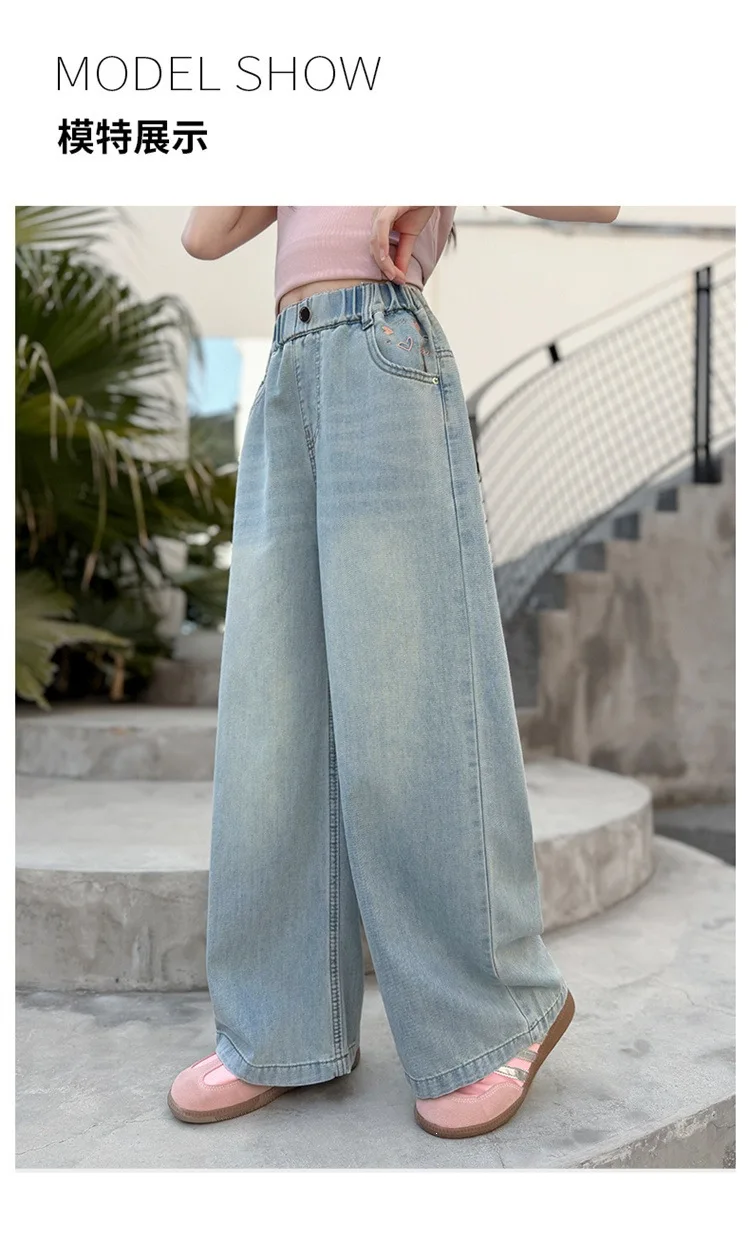 Summer Kids Girls Denim Pants UNITIM 4-14Yrs Children Girls Wide Leg Pants Loose Love Pockets Junior Girls Straight Pants