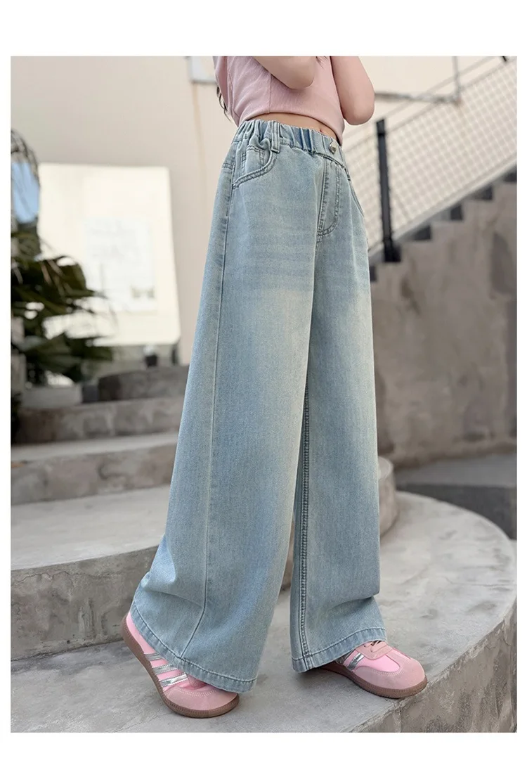 Summer Kids Girls Denim Pants UNITIM 4-14Yrs Children Girls Wide Leg Pants Loose Love Pockets Junior Girls Straight Pants