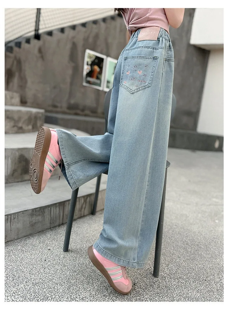 Summer Kids Girls Denim Pants UNITIM 4-14Yrs Children Girls Wide Leg Pants Loose Love Pockets Junior Girls Straight Pants