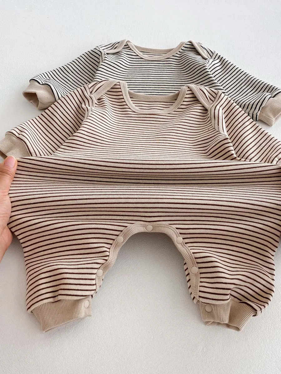 Korean Style Baby Autumn and Winter Long Sleeve Striped Boneless Envelope Collar Jumpsuit for Boys and Girls Baby Comfortable Ho