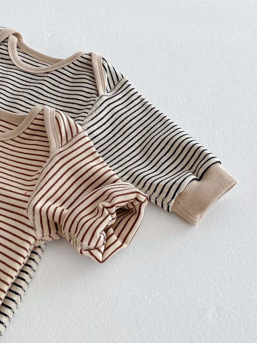Korean Style Baby Autumn and Winter Long Sleeve Striped Boneless Envelope Collar Jumpsuit for Boys and Girls Baby Comfortable Ho